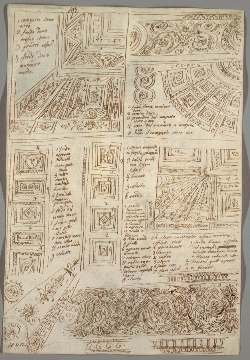 Fyra dekorativa studier av tak; Verso: Anatomiska studier av Felice Giani