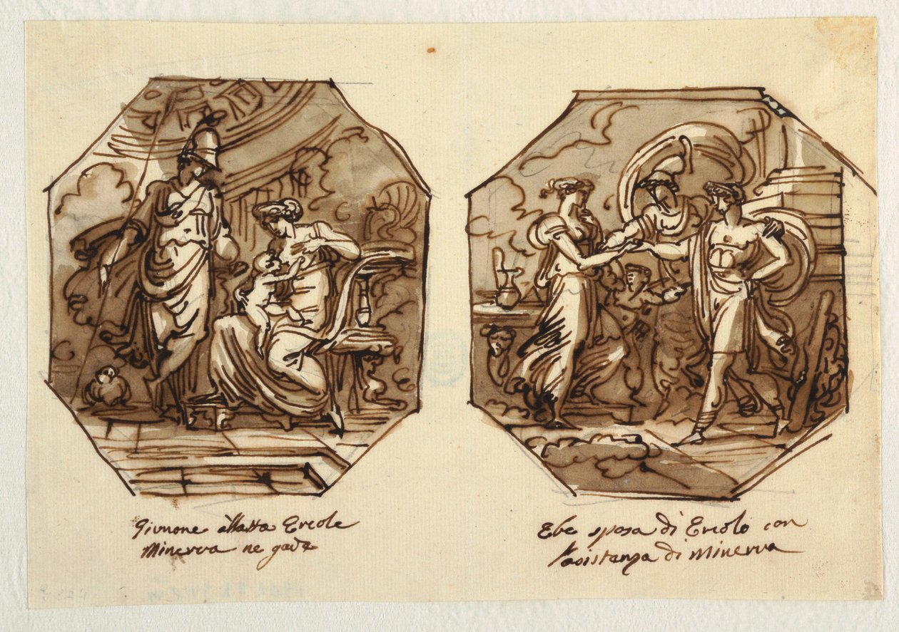 Juno Suckling Hercules, Hebe gifter sig med Hercules med hjälp av Minerva, designad för Sala di Ercole e Ebe, Palazzo Gaddi, Forli. av Felice Giani
