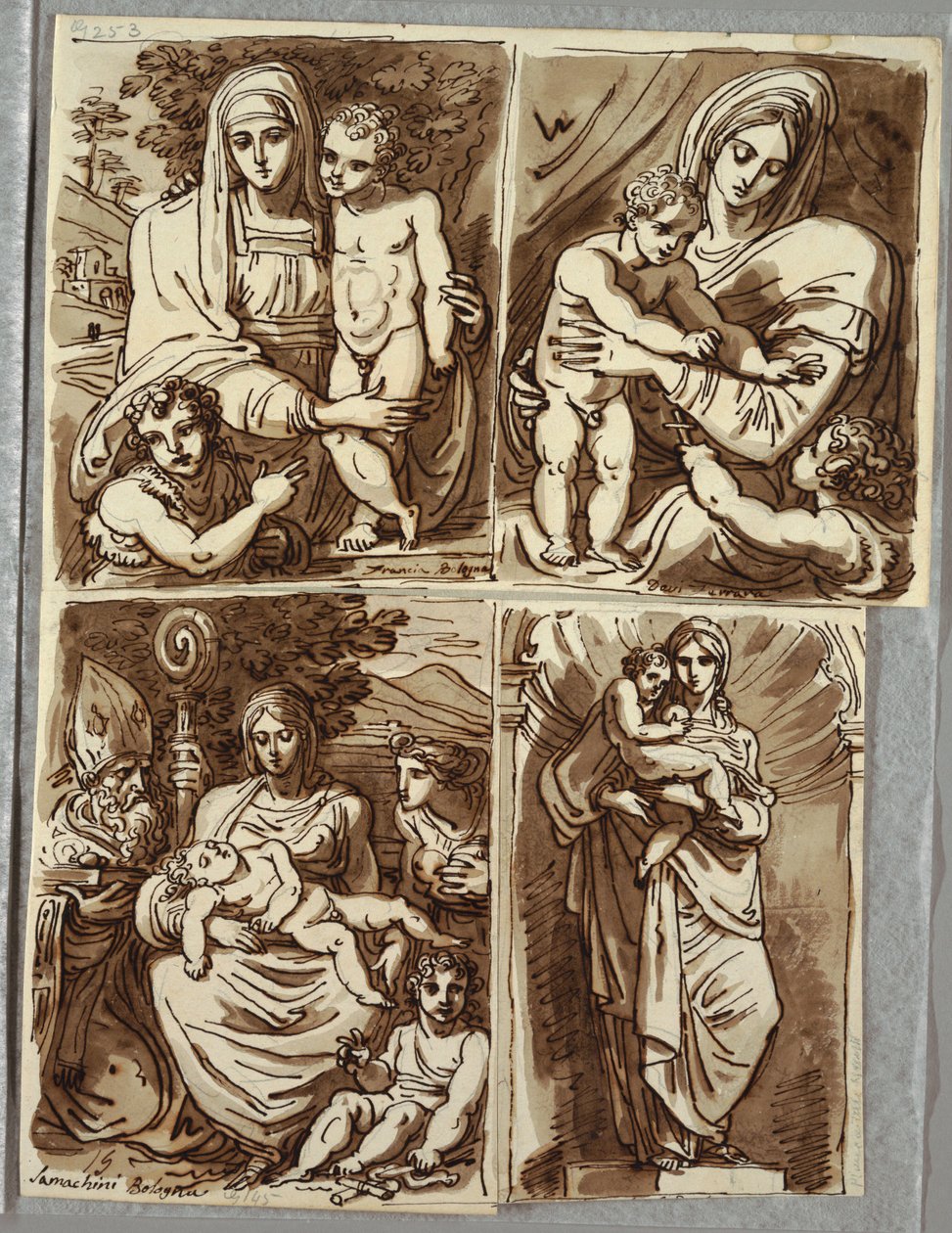 Madonna och barn och St. John, Studie efter Francia; Madonna och barn med St. John, Studie efter Dossi; Madonna och barn med St. John, biskop Saint, St. Appolonia; Madonna och barn i nisch, studie efter skulptur av Salvator Mundy av Felice Giani