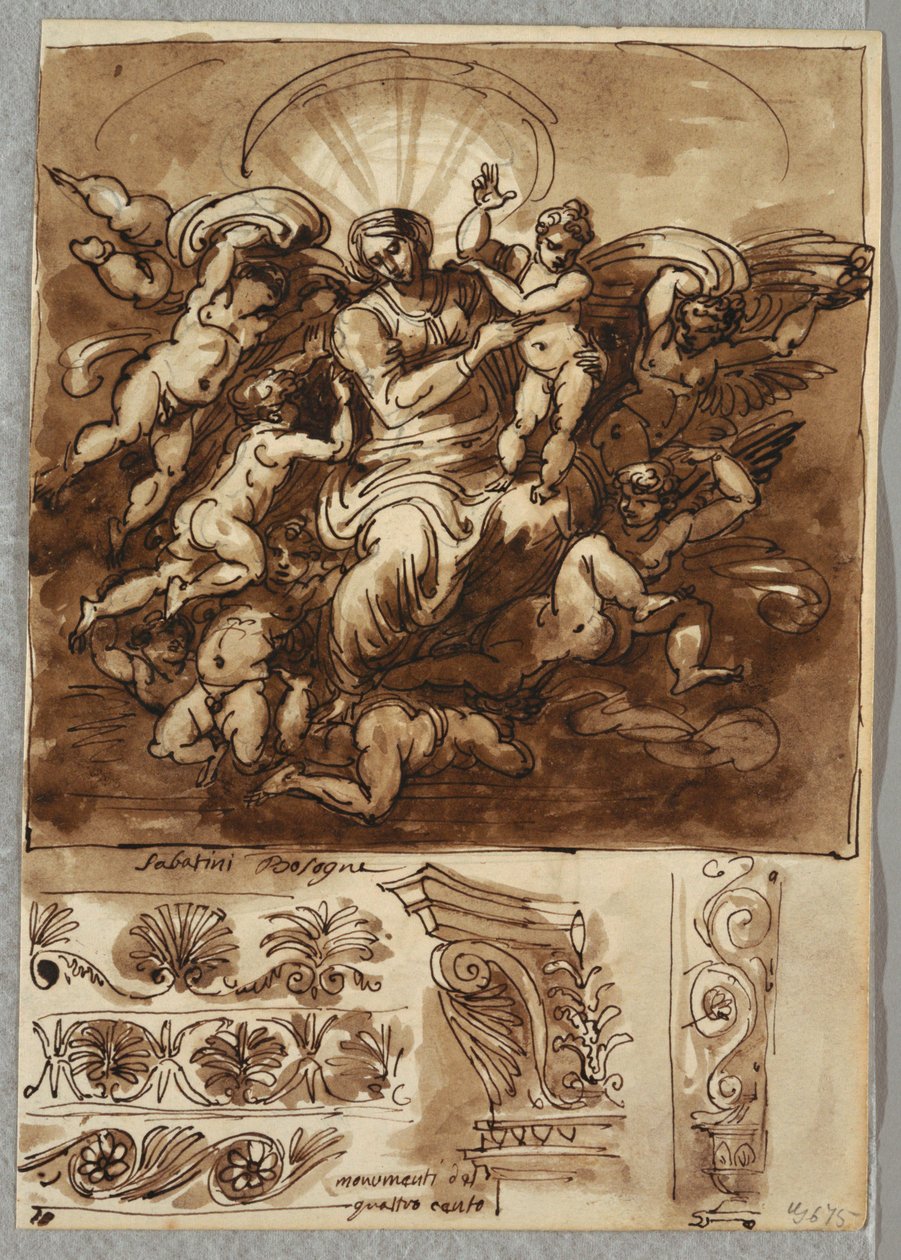 Madonna in Glory, Study after Bartolomeo Passeroti Bologna; Arkitektoniska detaljer av Felice Giani