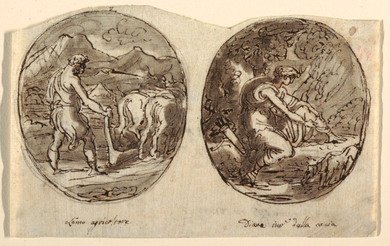 Man the Farmer, Diana the Goddess of the Hunt, Design för välvt tak, Sala dei Legislatori, Palazzo Conti-Sinibaldi, Faenza av Felice Giani