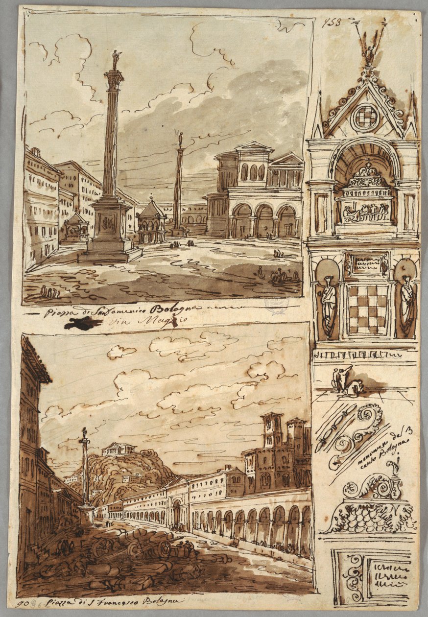 Piazza San Domenico i Bologna; Piazza San Francesco och Villa Aldini i Bologna; Studie av Tomb of Glossatori av Felice Giani