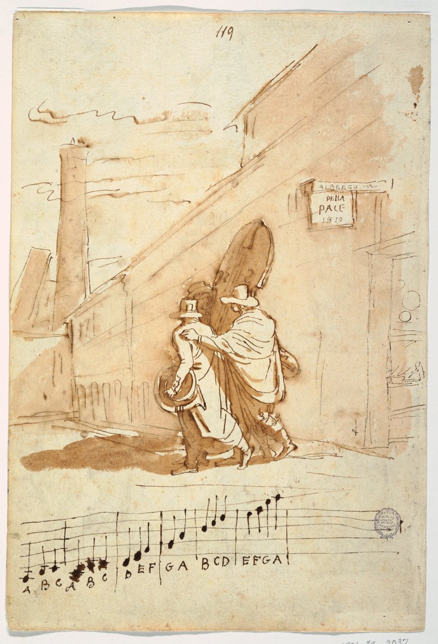 Recto: Tre musiker framför Albergo Della Pace, 1810 av Felice Giani