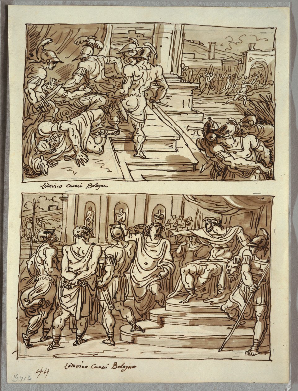 Remus dödar kung Amulius; Remus ledde i kedjor inför kung Amulius; Två studier efter Carracci av Felice Giani