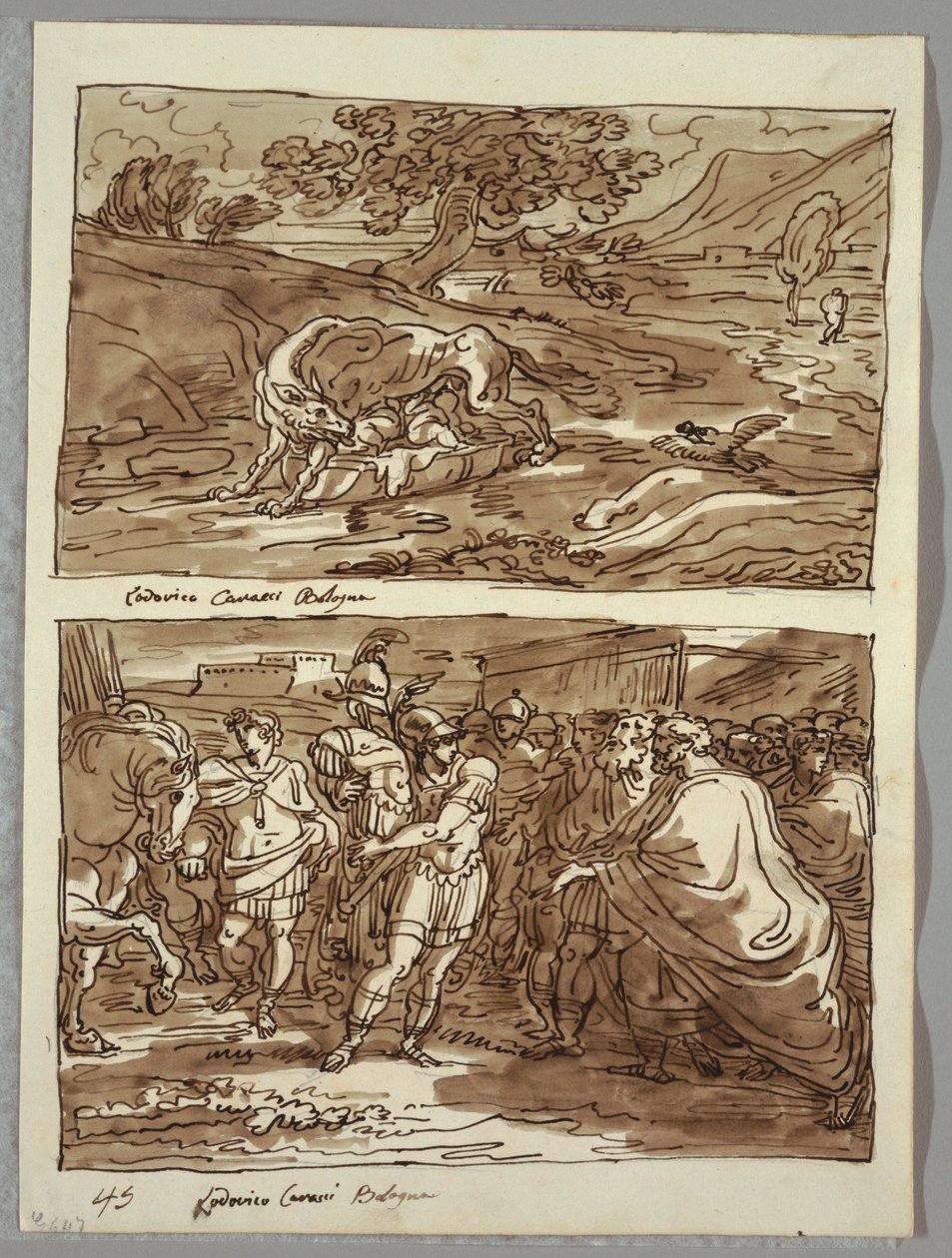 Romulus och Remus diade vargen; Romulus tillägnar Jove Feretrius bytet av den erövrade kungen Acronius, två studier efter Carracci av Felice Giani