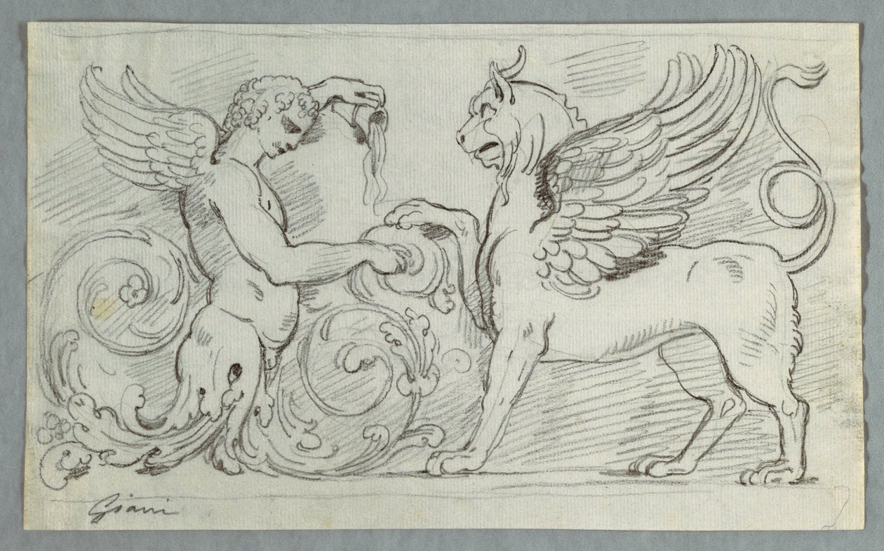 Skulpterad fris med halvfigur av Winged Boy och Griffon av Felice Giani