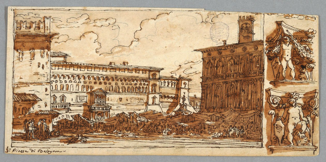 Skissboksida, Folio 57: Studie efter Piazza Emmanuelle i Bologna; Verso, arkitektonisk detalj av Felice Giani