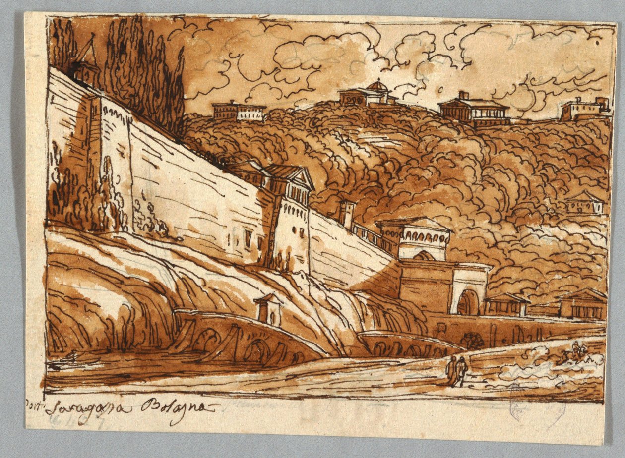 Skissbokssida, Folio 57: Studie efter Porta di Saragossa i Bologna; Verso, arkitektoniska detaljer av Felice Giani