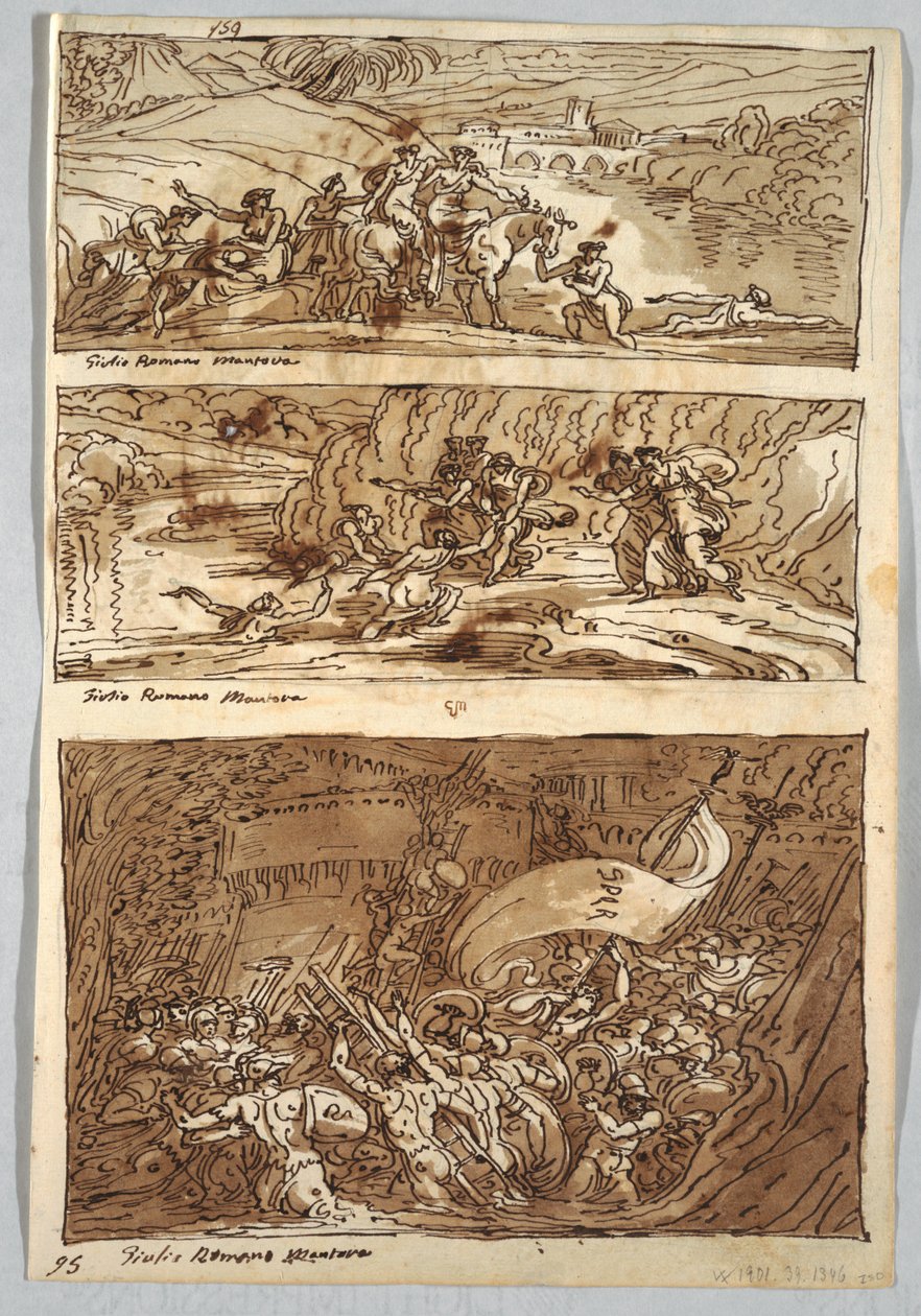 Skissboksida, Folio 95: Tre målningar efter Giulio Romano; Verso: Lejon och örn av Felice Giani