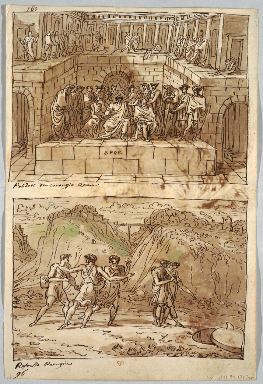 Skissboksida, Folio 98: Två målningar efter Caravaggio och Raphael; Verso: Eagle and Ox av Felice Giani