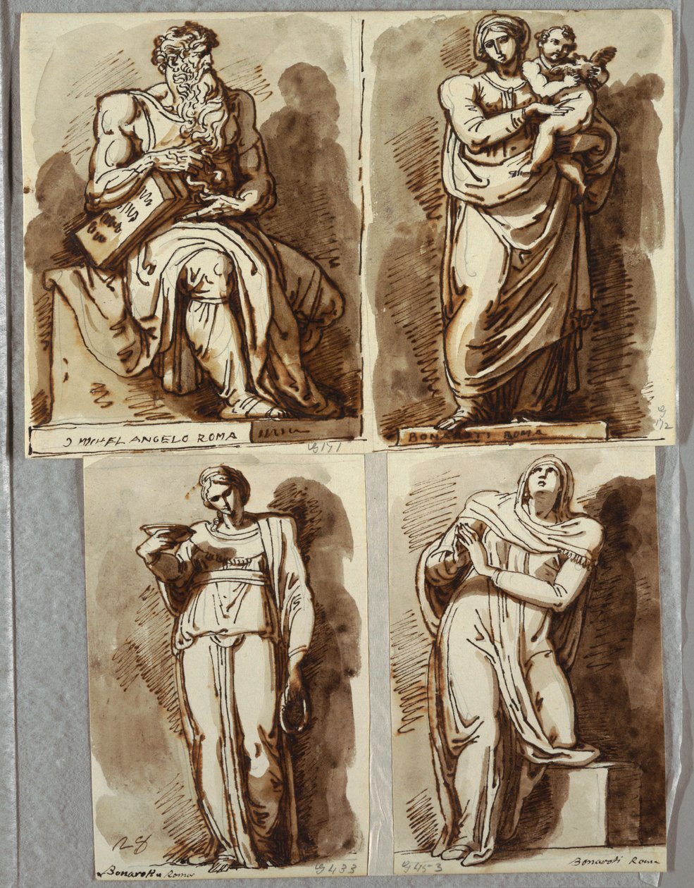 Studier efter fyra statyer på Julius II:s grav, efter Michelangelo: Moses; Madonna och barn; Lea, Dygd; Rachel, Religion av Felice Giani