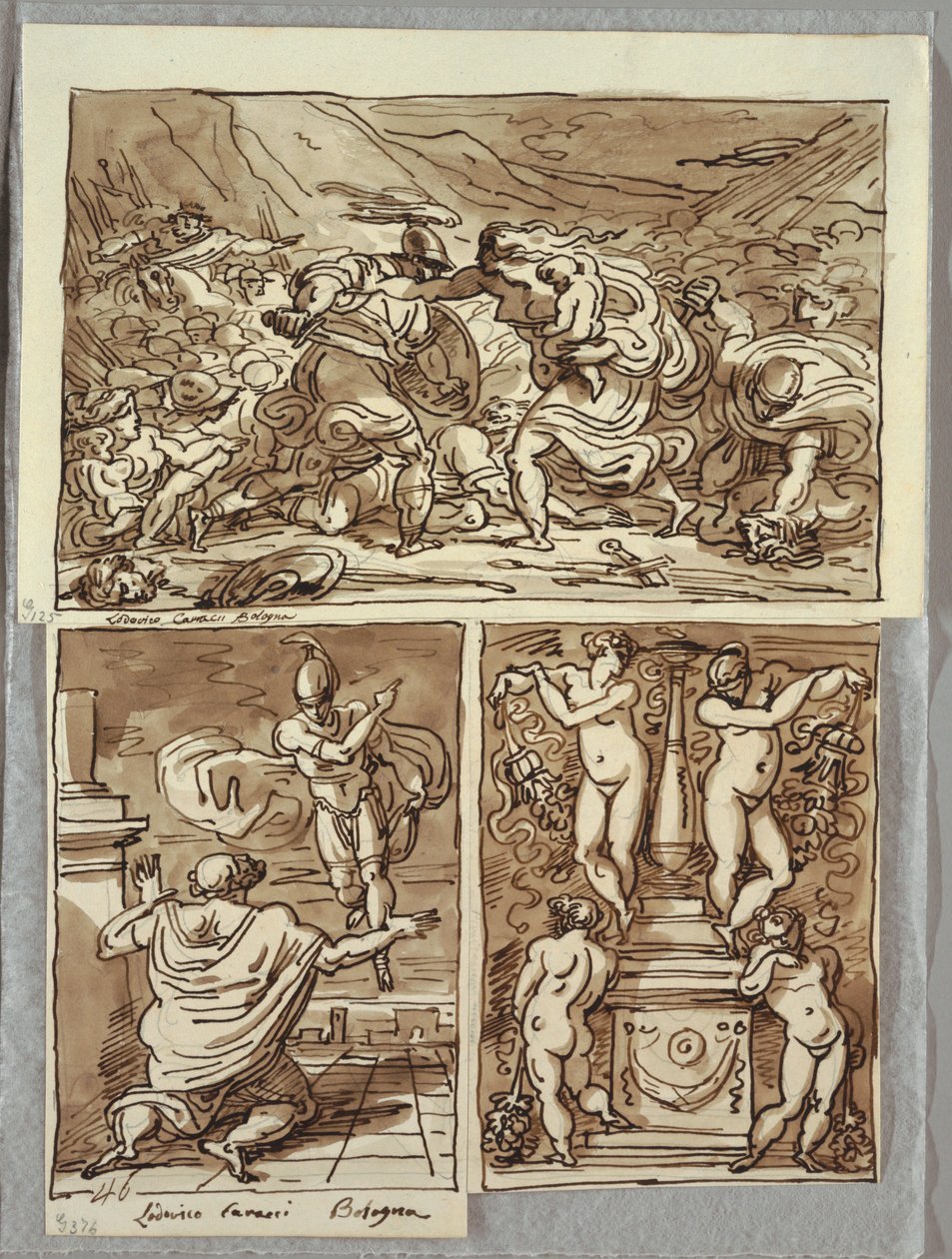 Striden mellan romarna och sabinerna; Uppenbarelse av Romulus till Proculus, två studier efter Carracci; Kandelaber av Felice Giani