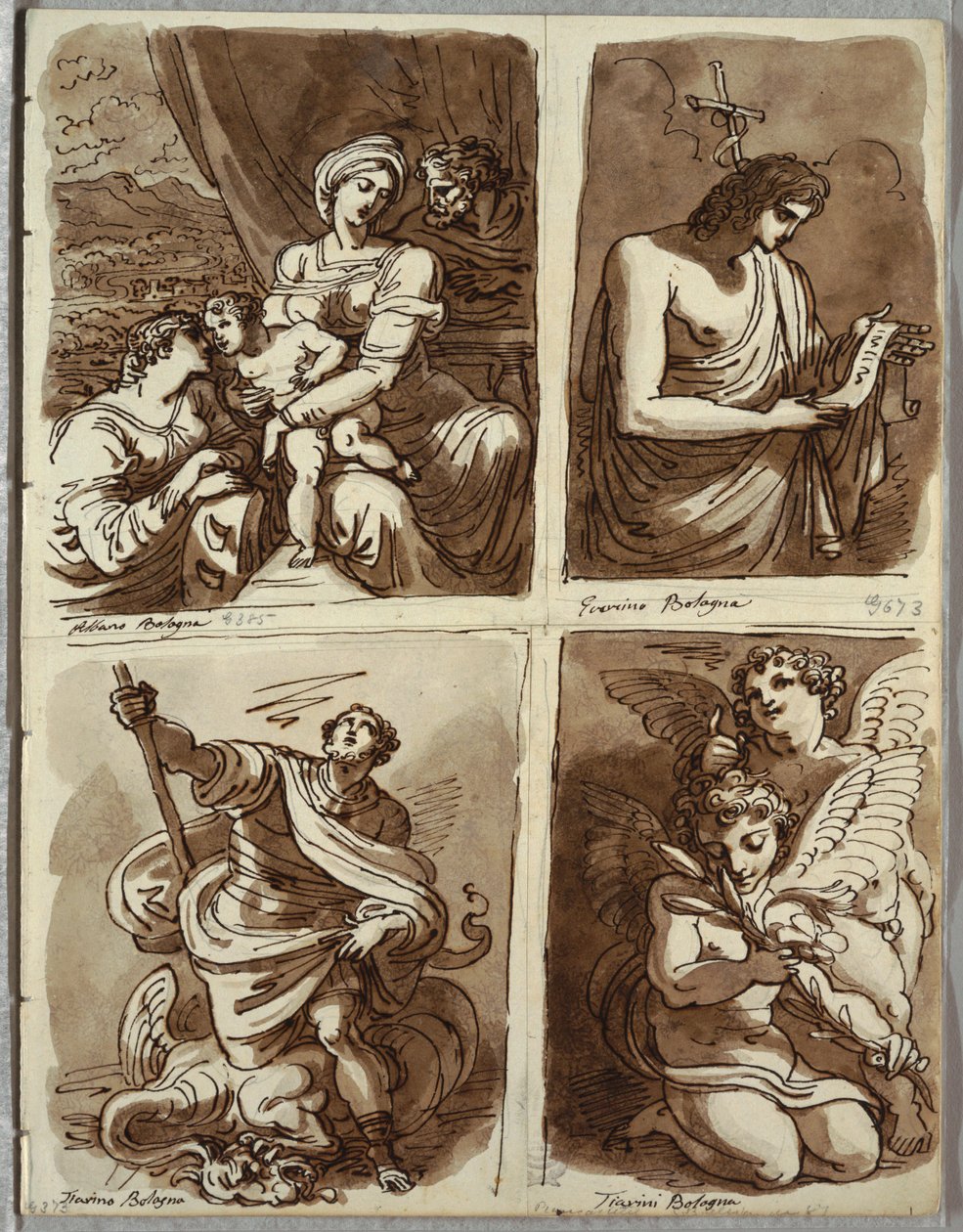 Den heliga familjen med Saint Catherine; Johannes Döparen, efter Guercino; St George och draken, efter Alessandro Tiarini; Två Putti av Felice Giani