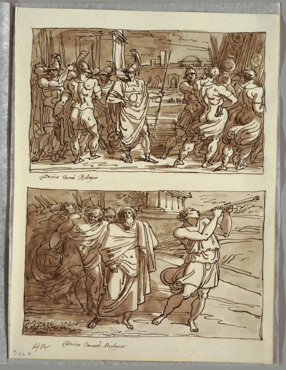Romulus stolthet: Hånandet av den gamle kaptenen på Veii; Två studier efter Carracci av Felice Giani