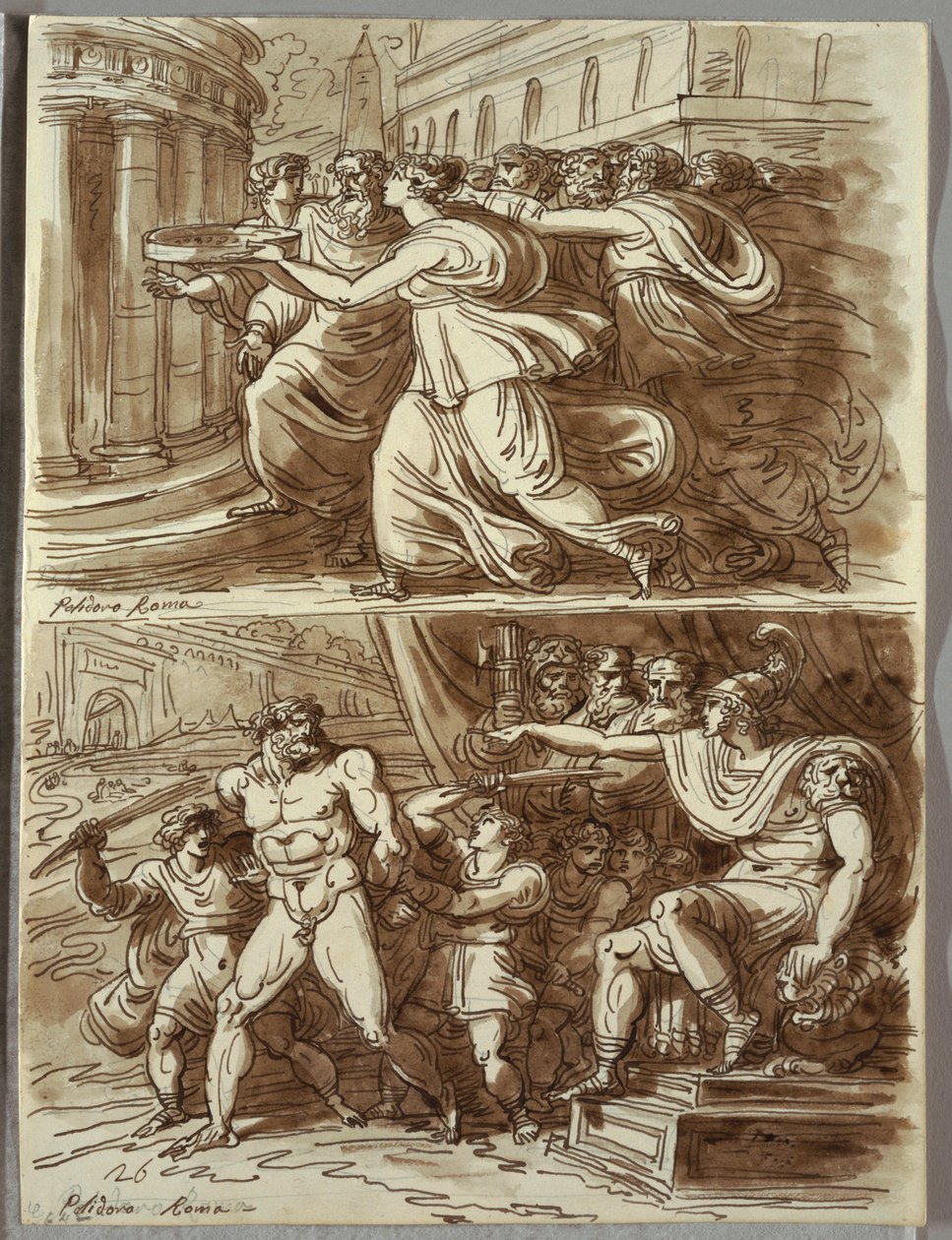 Vestal Tuccia bär vatten i silen; Två studier efter Polidoro da Caravaggio av Felice Giani