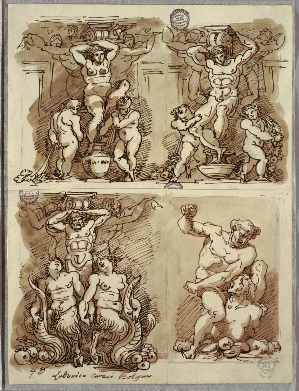 Tre hermer, studier efter Carracci av Felice Giani