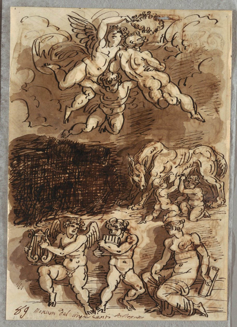 Tre Putti med Garland; Romulus och Remus ammar från She-Wolf; Två Putti som spelar cymbaler av Felice Giani