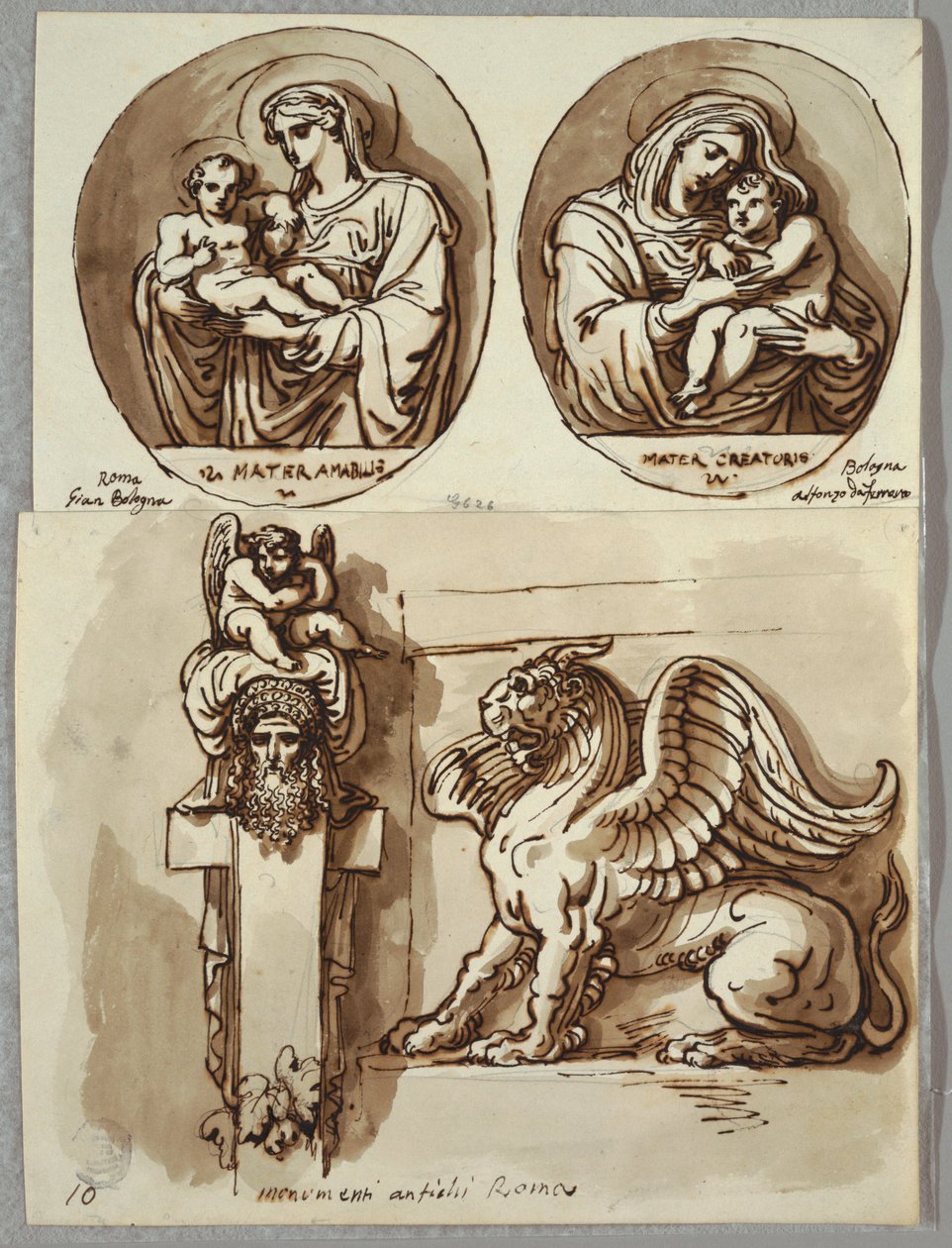 Två teckningar av Madonnan och barnet i ovaler, studier efter Giambologna och Alfonzo da Ferrero; Herm och Chimera, efter Antik av Felice Giani