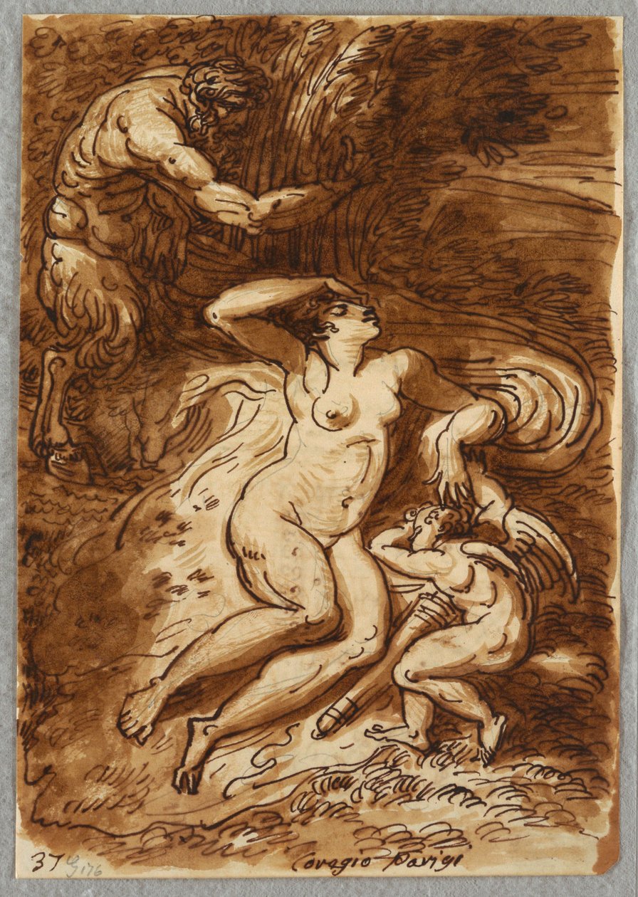 Venus och Amor och Satyr, Studie efter Correggio av Felice Giani