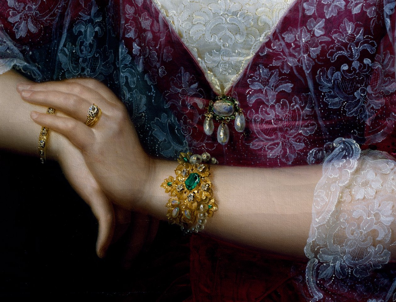 Porträtt av Anna Opulich, detalj av hänge och armband av Felice Schiavoni