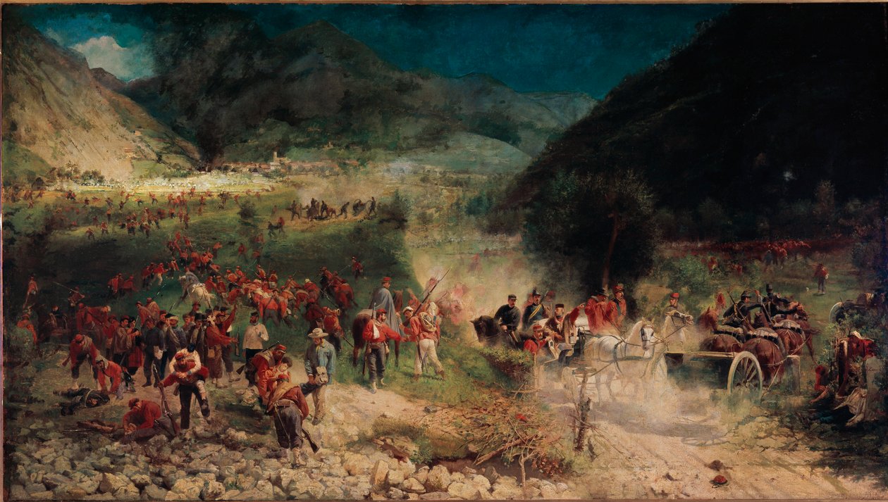Tredje italienska självständighetskriget: "" Slaget vid Bezzecca"" Den 21/07/1866 motsatte man sig kroppen av jägarna av Giuseppe Garibaldi mot den österrikiska armén. Målning av Felice Zennaro (1833-1926) Milano, Risorgimentos museum av Felice Zennaro