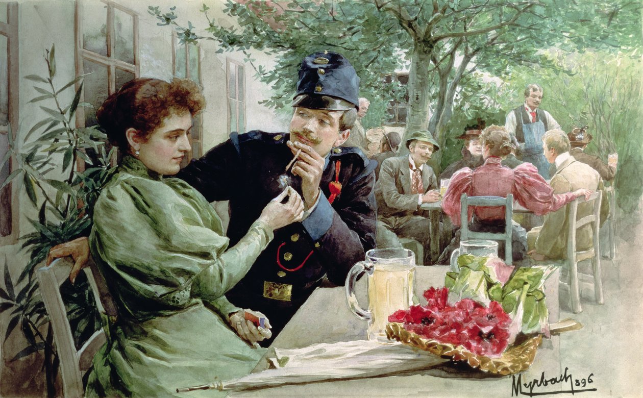 Soldat och en ung flicka dricker nytt vin, 1896 av Felicien baron de Myrbach Rheinfeld