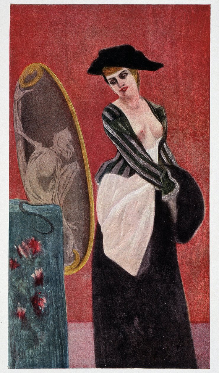 The Demon of Covettery: en monstruös reflektion av en kvinna som tittar på sig själv i en spegel, "Felicien Rops"" av Rudolf Klein. av Félicien Rops