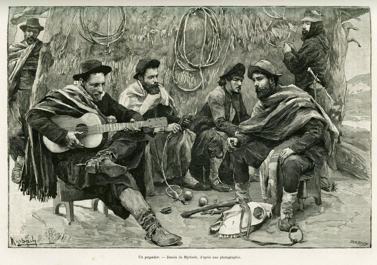 En payador, duell på vers av vandrande sångare. Gravyr av Myrbach, för att illustrera berättelsen Voyage a la Plata, 1886, av Emile Daireaux, i le tour du monde 1888, regisserad av Edouard Charton (1807-1890), Hachette, Paris. av Felicien baron de Myrbach Rheinfeld