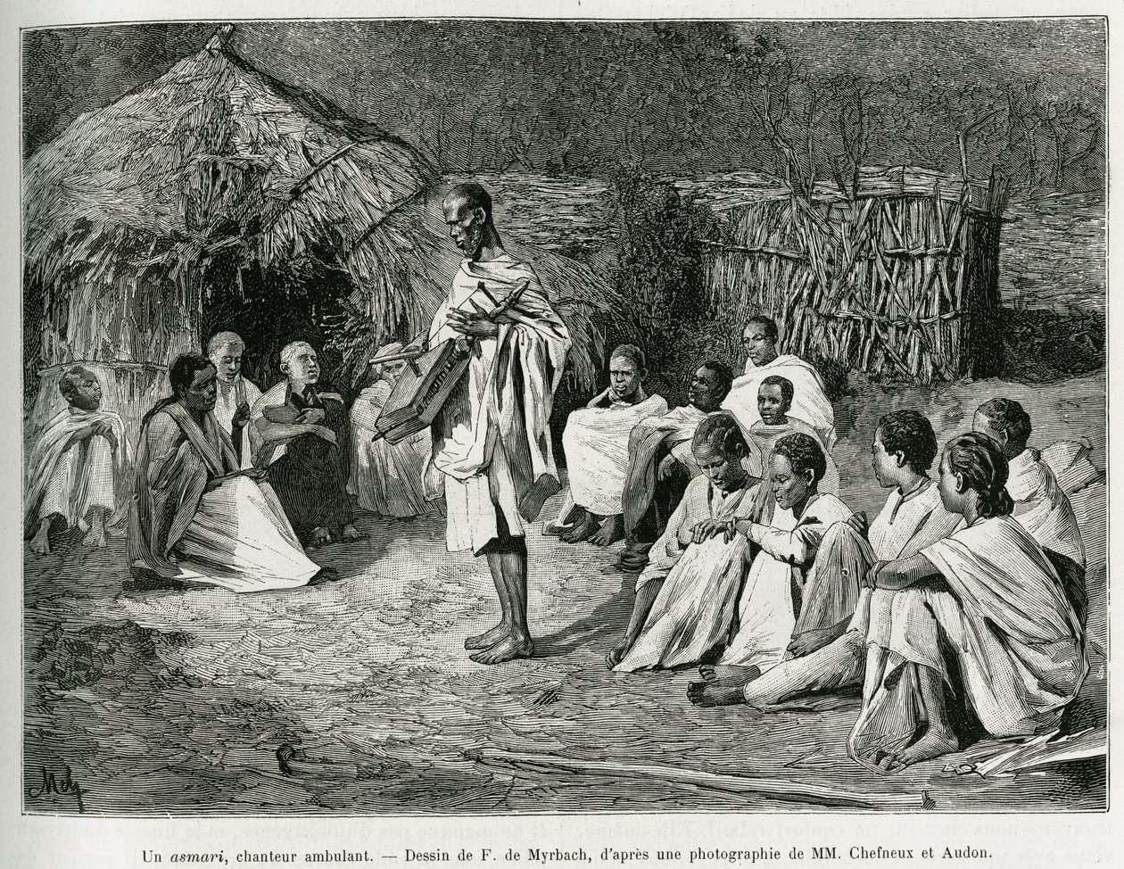 En asmari, en vandrande sångare. Gravyr av F.De Myrbach, efter ett fotografi, för att illustrera berättelsen Voyage au Choa (Abyssinie meridionale), 1884-1888, av Henry Audon, i le tour du monde 1889, regisserad av Edouard Charton (1807-1890), Hachette , P av Felicien baron de Myrbach Rheinfeld