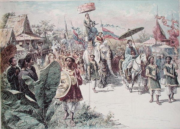 Cortege för guvernören i Hanoi, ca 1870-80 (färg litho) av Felicien baron de Myrbach Rheinfeld