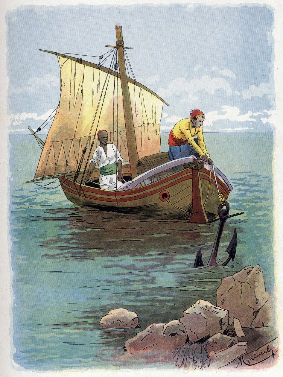 Robinson Crusoe flyr från fångenskapen. av Felicien baron de Myrbach Rheinfeld
