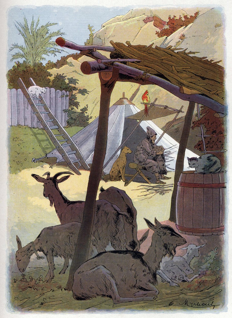 Robinson Crusoe hem med sina djur. av Felicien baron de Myrbach Rheinfeld