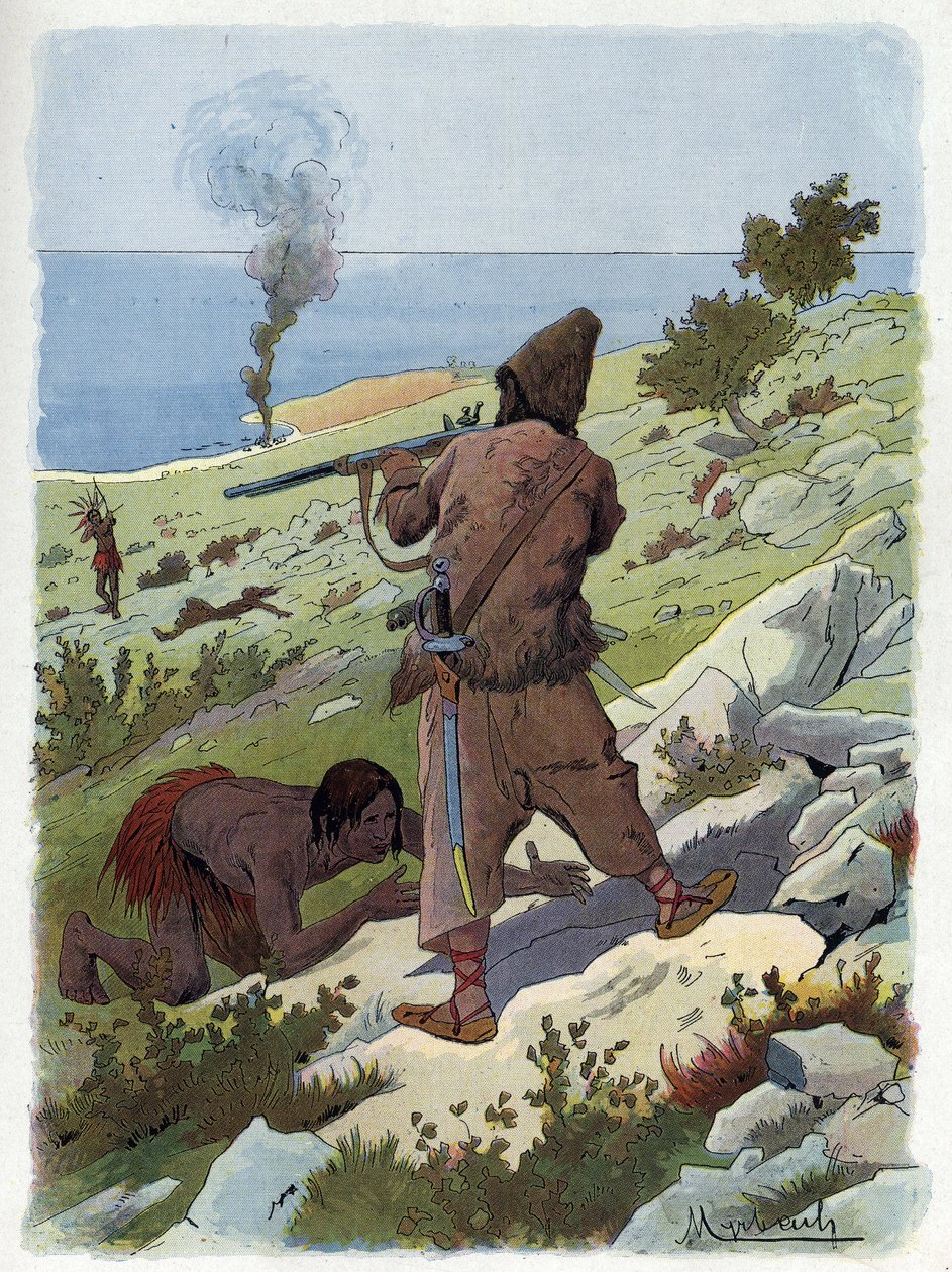 Robinson Crusoe dödar vildarna som jagar fredag. av Felicien baron de Myrbach Rheinfeld