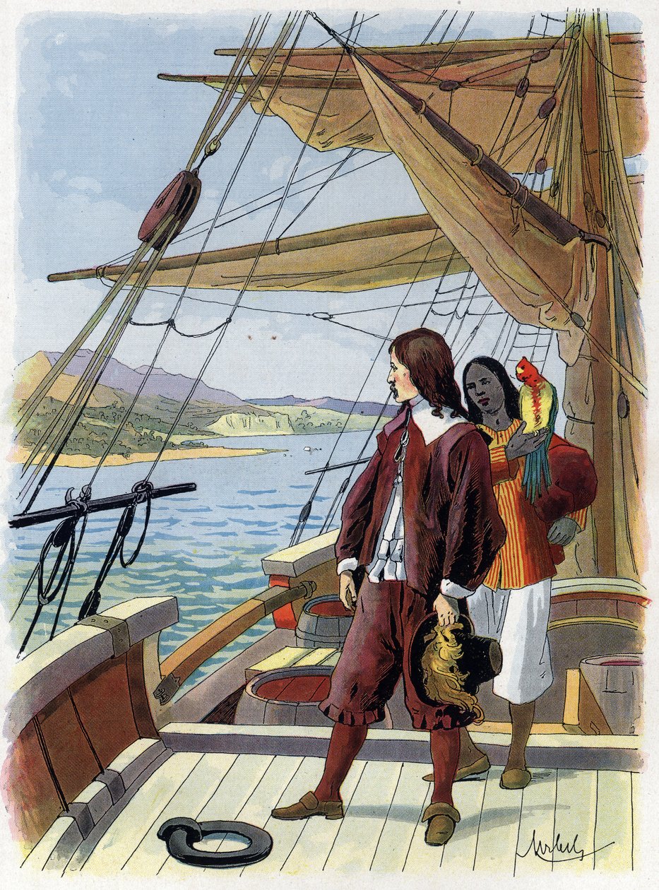 Robinson Crusoe lämnar sin ö - Illustration av Felician MYRBACH MYRBACH RHEINFELD (1853-1940) Till Daniel Defoes bok (De foe) Robinson Crusoe. Inget datum. Omkring 1934 av Felicien baron de Myrbach Rheinfeld