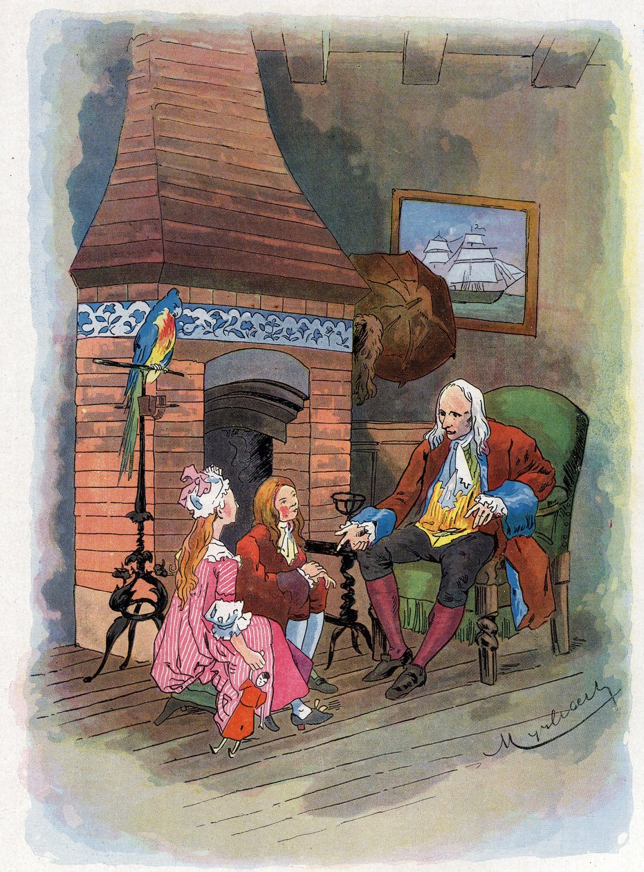 Robinson Crusoe berättar för sina barn om sina äventyr. Illustration av Felician MYRBACH MYRBACH RHEINFELD (1853-1940) För Daniel Defoes bok (De foe) Robinson Crusoe. Inget datum. Omkring 1934 av Felicien baron de Myrbach Rheinfeld