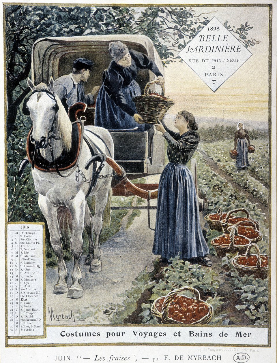 Jordgubbsplockning - av Myrbach, Kalender "The Beautiful Planter", juni 1898 av Felicien baron de Myrbach Rheinfeld