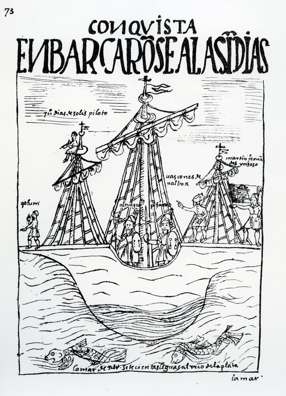 Resan till den nya världen togs av Christopher Columbus, Juan Diaz de Solis, Diego de Almagro, Francisco Pizarro, Vasco Nunez de Balboa och Martin Fernandez de Enciso av Felipe Huaman Poma de Ayala