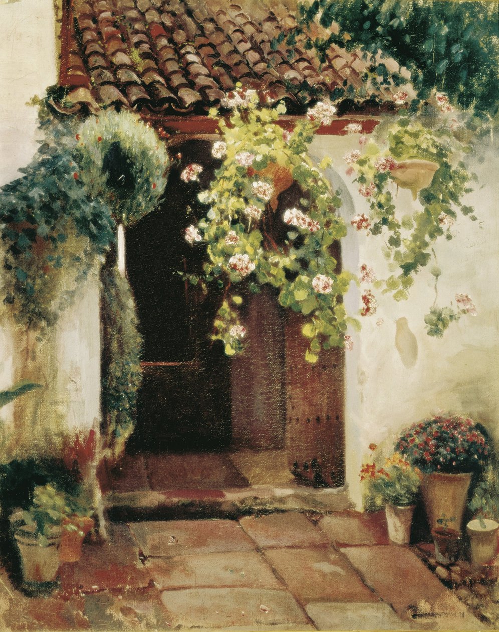 Entréhall med pelargoner (olja på duk) av Felipe Abarzuza y Rodriguez de Arias