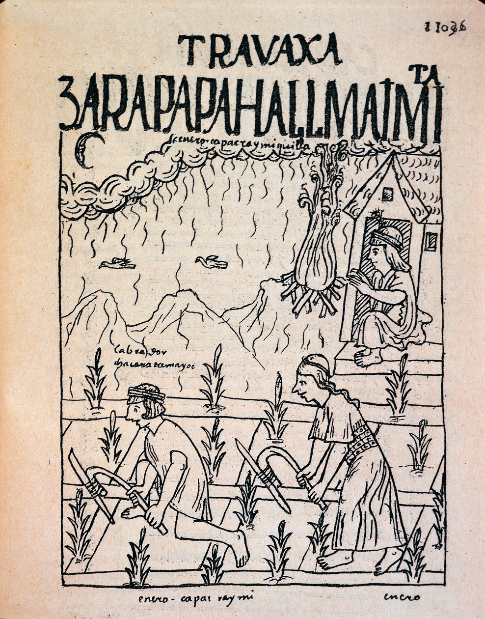 Ett Inca Hatun Runa-par som arbetar på fälten i januari (bläckritning av Felipe Huaman Poma de Ayala