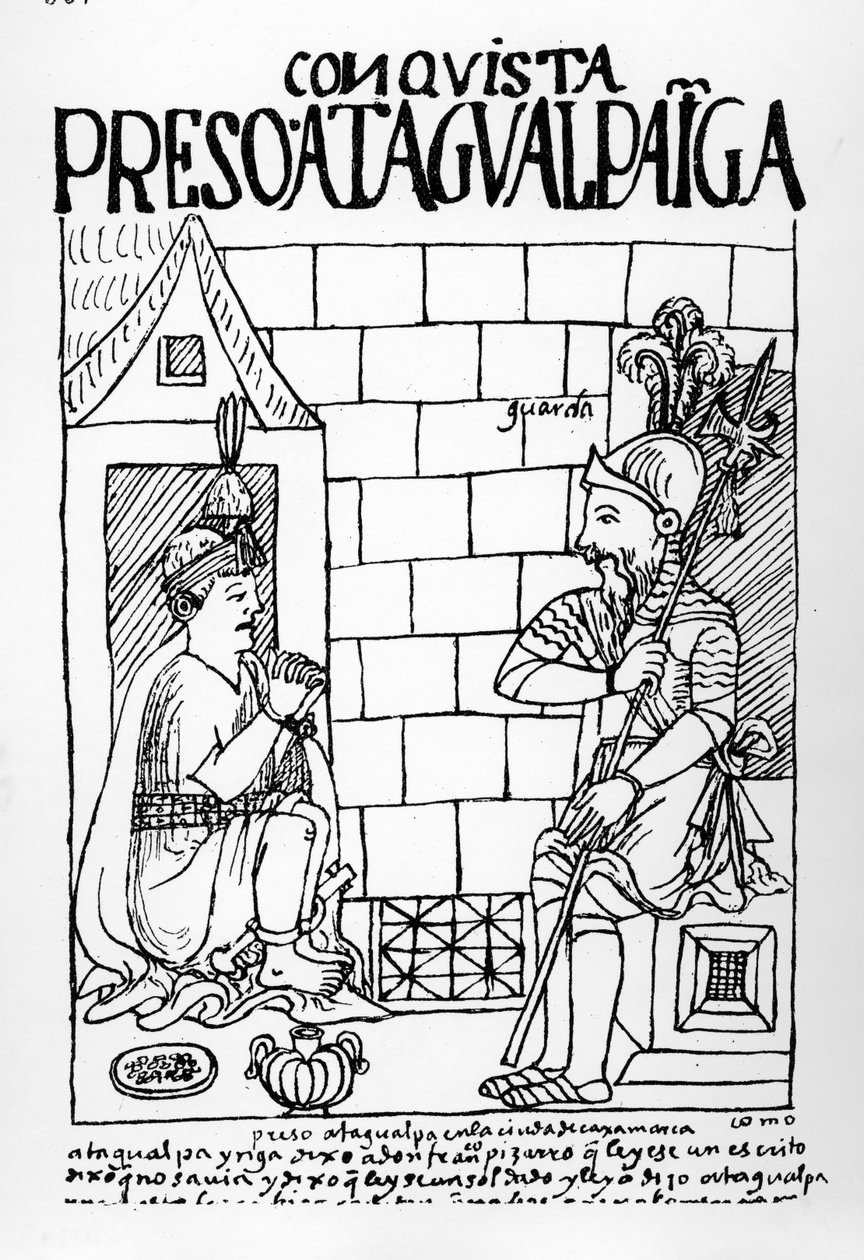 Atahualpa Inca i sit fængsel i Cajamarca swed av Felipe Huaman Poma de Ayala