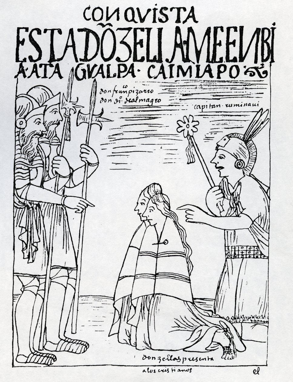 Kapten Ruminavi presenterar Francisco Pizarro och Diego de Almagro med två kvinnor av Felipe Huaman Poma de Ayala