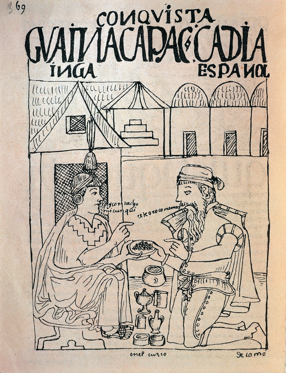 Inka från Cuzco och engelsk conquistador tar emot gåvor i utbyte mot inkakejsaren Atahualpas frihet (bläckteckning av Felipe Huaman Poma de Ayala