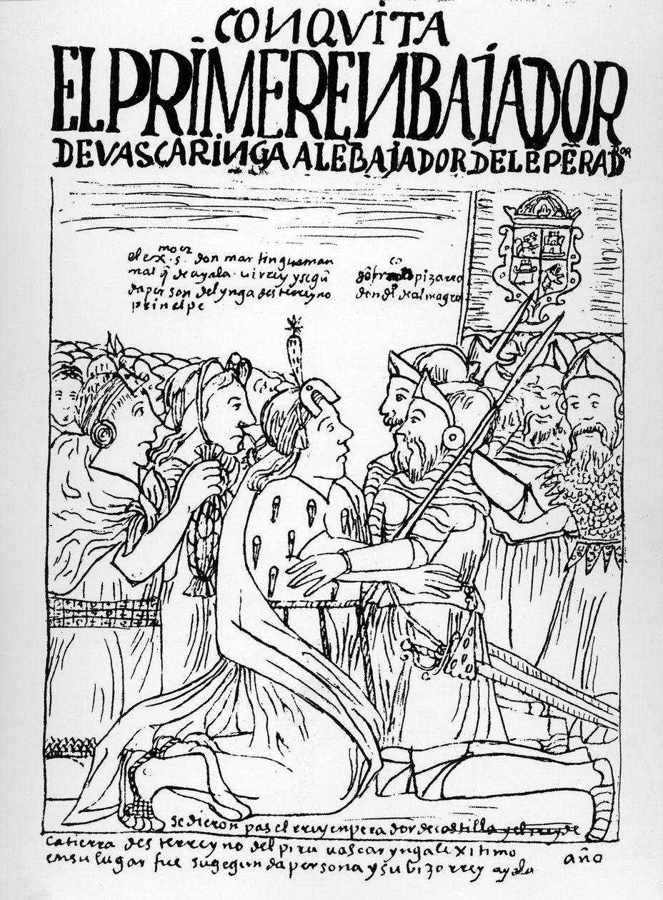 Martin de Ayala hälsar Francisco Pizarro och Diego de Almagro av Felipe Huaman Poma de Ayala