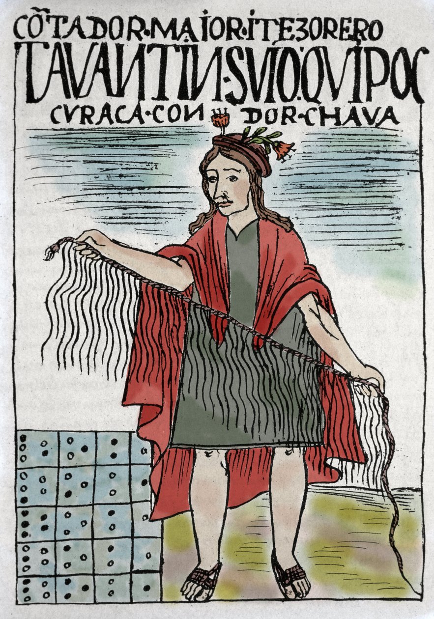 Quipu (Quipo Quipou) Inkaredovisningssystem i rep och knutar, inkakultur 1400-1532 e.Kr., manuskript av Felipe Guaman Puma de Ayala (New Chronicle and Good Government), indisk kolumnist från 1500-talet. av Felipe Huaman Poma de Ayala