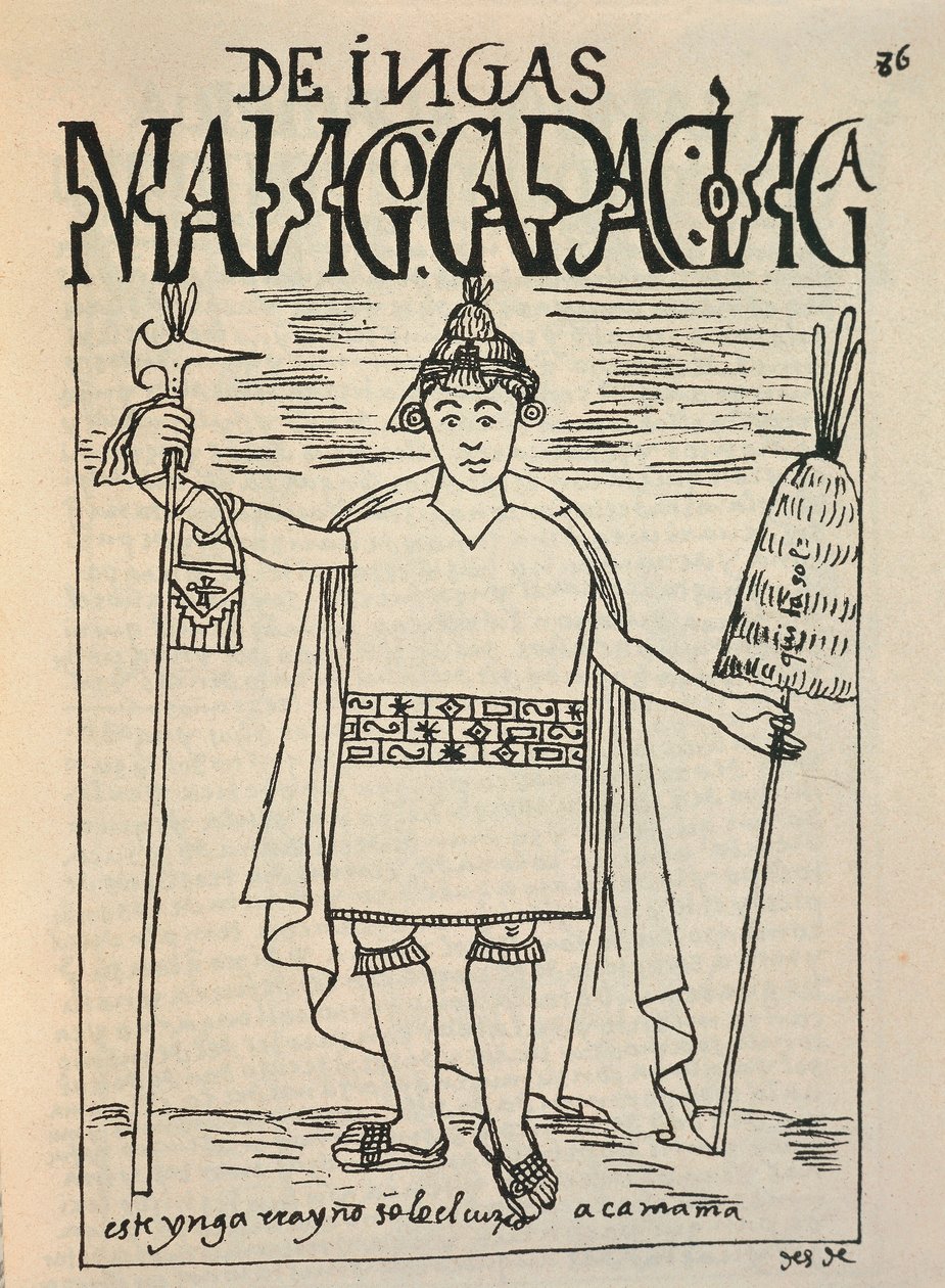 Representation av Manco Capac, den legendariska inkagrunden för kungariket Cusco och en figur av inkamytologin (bläckteckning av Felipe Huaman Poma de Ayala