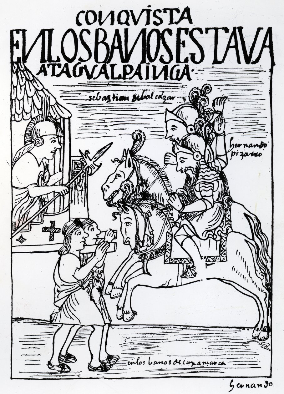 Sebastian de Benalcazar och Hernando Pizarro konfronterar Atahualpa Inca vid Royal Baths i Cajamarca (träsnitt) av Felipe Huaman Poma de Ayala