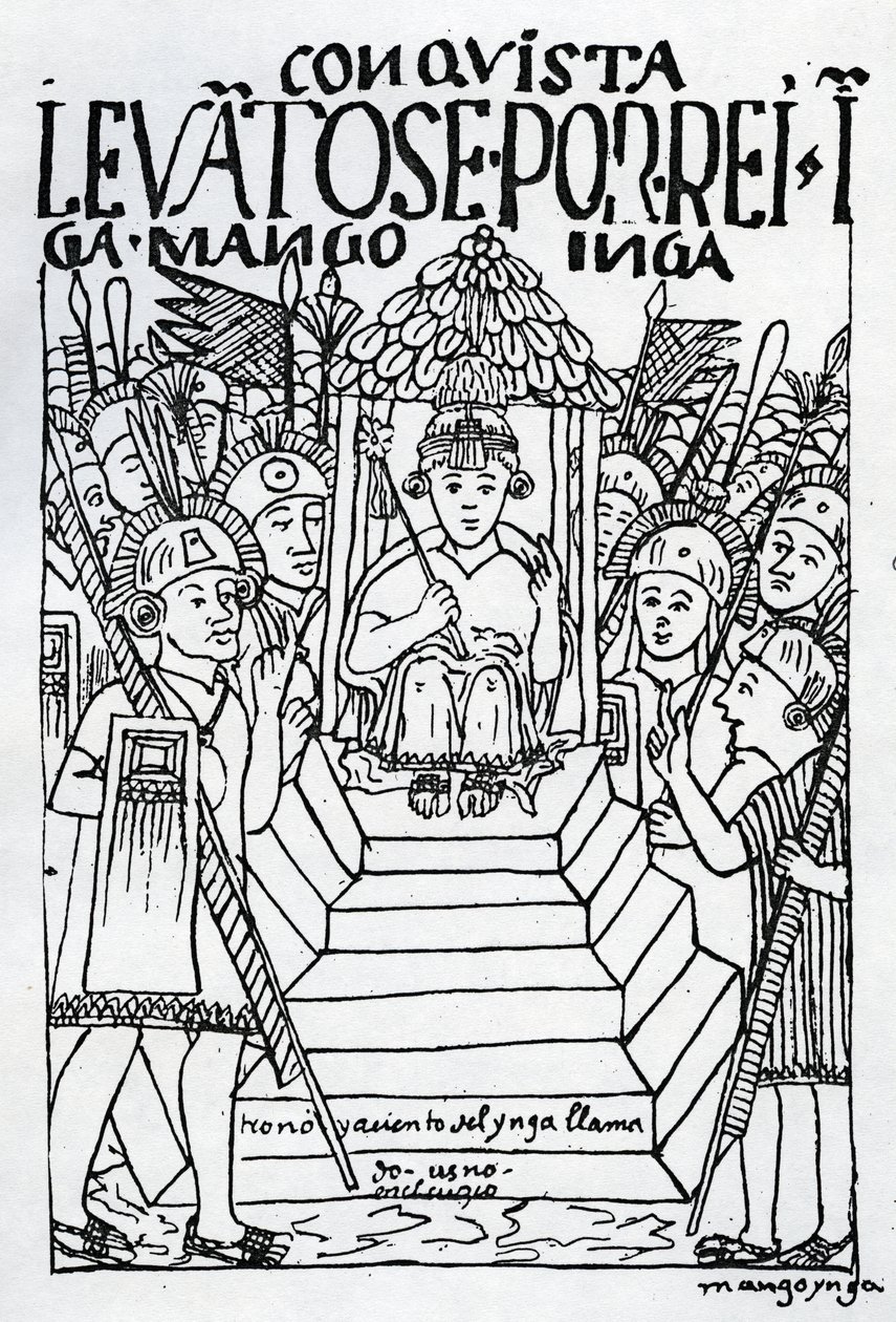 Den nykrönade Manco Inca på tronen i Cuzco (träsnitt) av Felipe Huaman Poma de Ayala