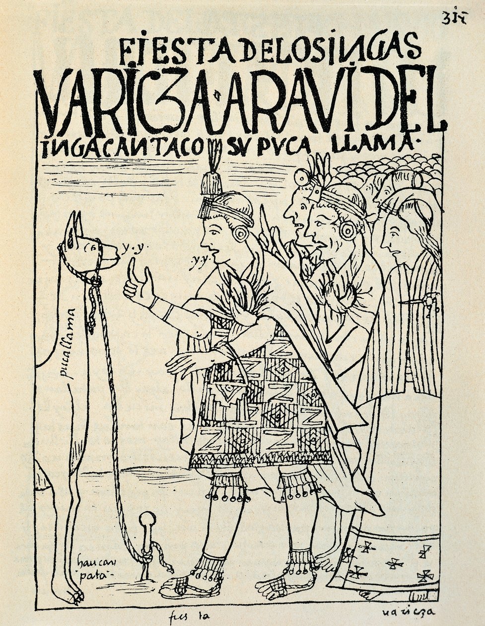 Offret av en lama i samband med en inkarit (bläckteckning, ca 1587) av Felipe Huaman Poma de Ayala