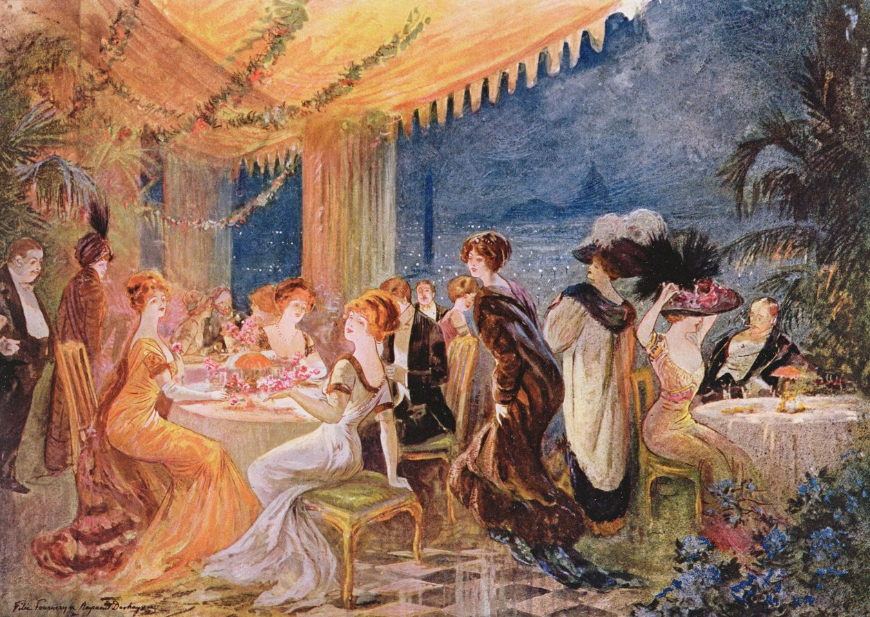 En soaré i en parisisk restaurang, reklam för The Furrier Revillon i Le Figaro Illustre, 1910 av Felix Fournery