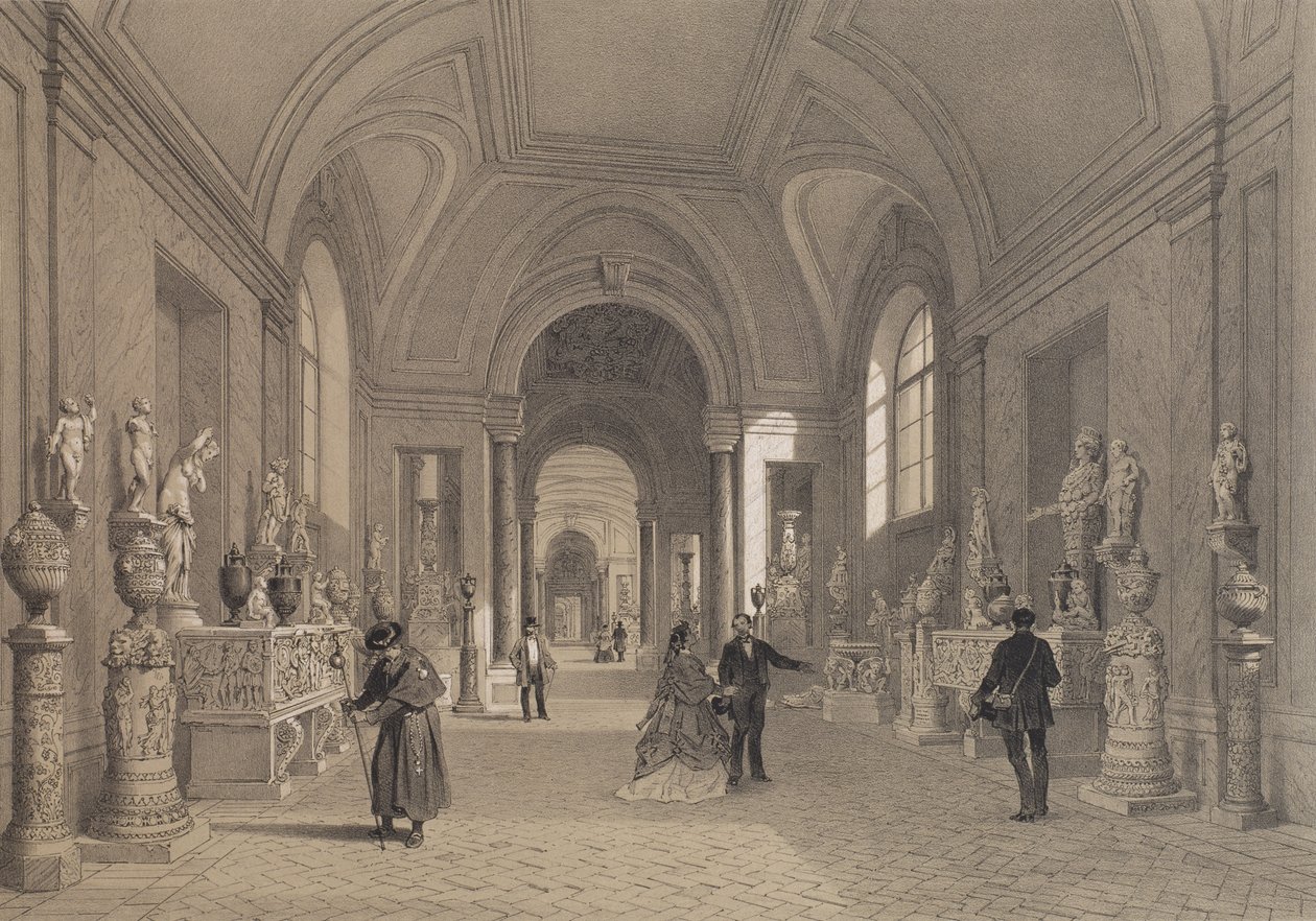 Vatikanmuseerna, kandelabergalleriet, Rom, illustration från albumet "Rome dans sa grandeur", graverad av Philippe Benoist (f.1813) 1870 av Felix Benoist